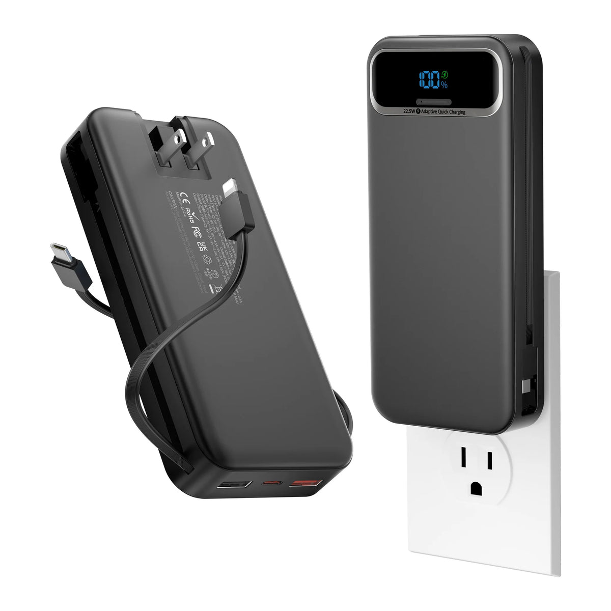 A black 20000mAh power bank with a built-in AC plug and dual cables is shown next to its charging adapter.