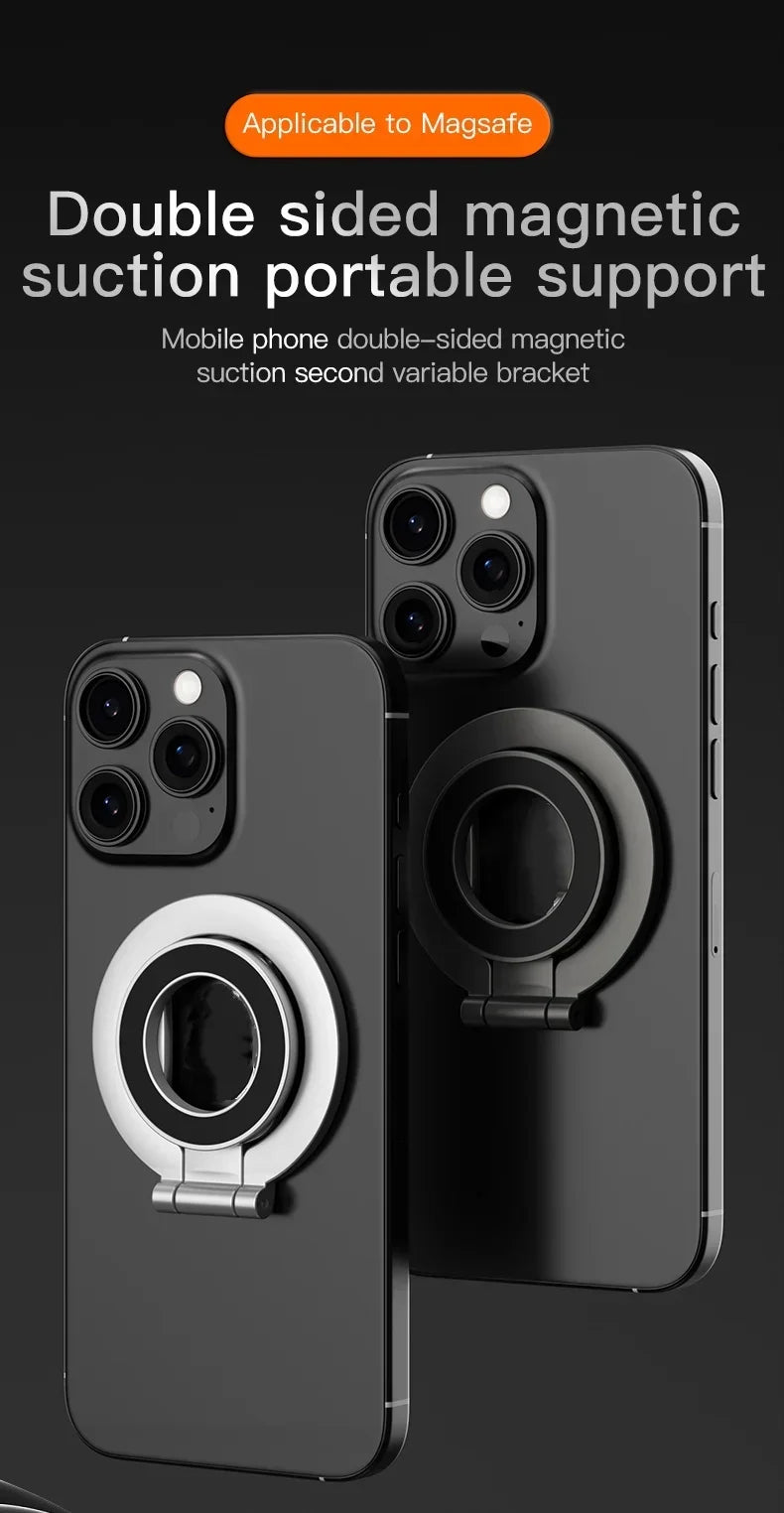A double-sided magnetic suction portable support for mobile phones shown in a dark gray color.