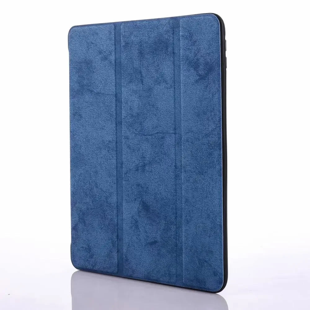 A dark blue retro marbling skin for an iPad Pro, shown in a vertical view.