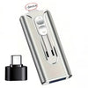 A silver metal USB flash drive with rotating features and connectors is shown next to its housing.