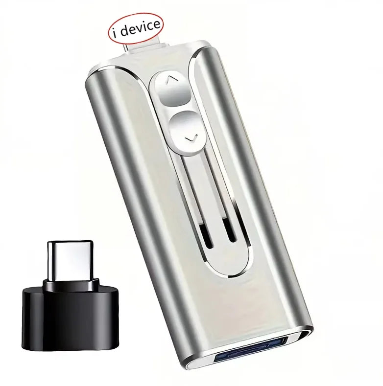 A silver metal USB flash drive with rotating features and connectors is shown next to its housing.