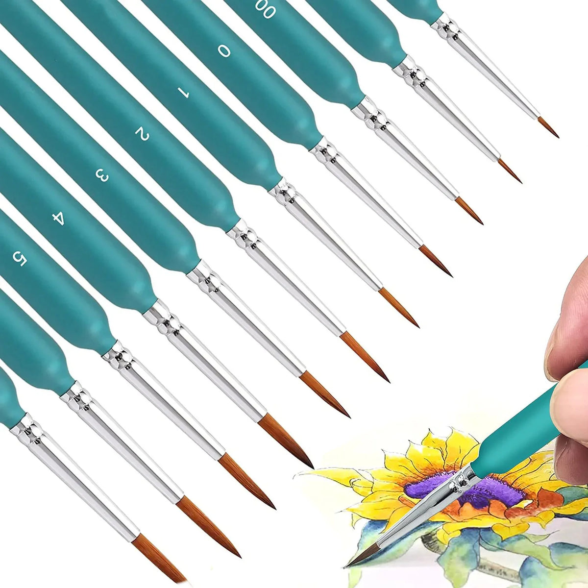 A set of six professional miniature paint brushes with numbered handles and tapered tips shown against a white background.