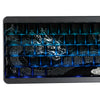 A close-up view of a black mechanical keyboard featuring dragon graphics and blue side lighting.