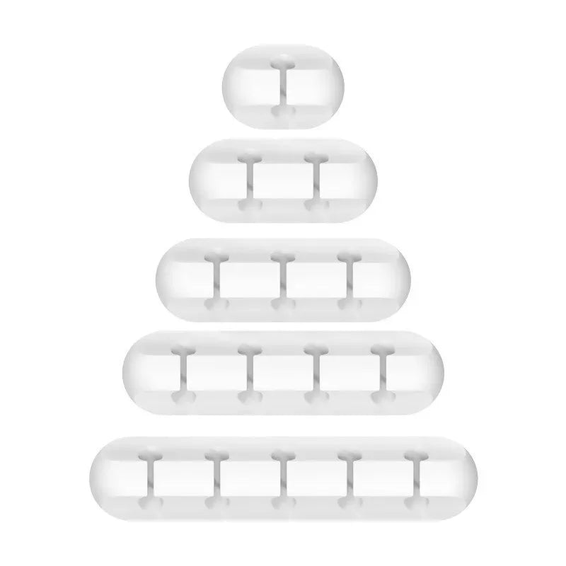A set of silicone cable organizers and winders stacked vertically.