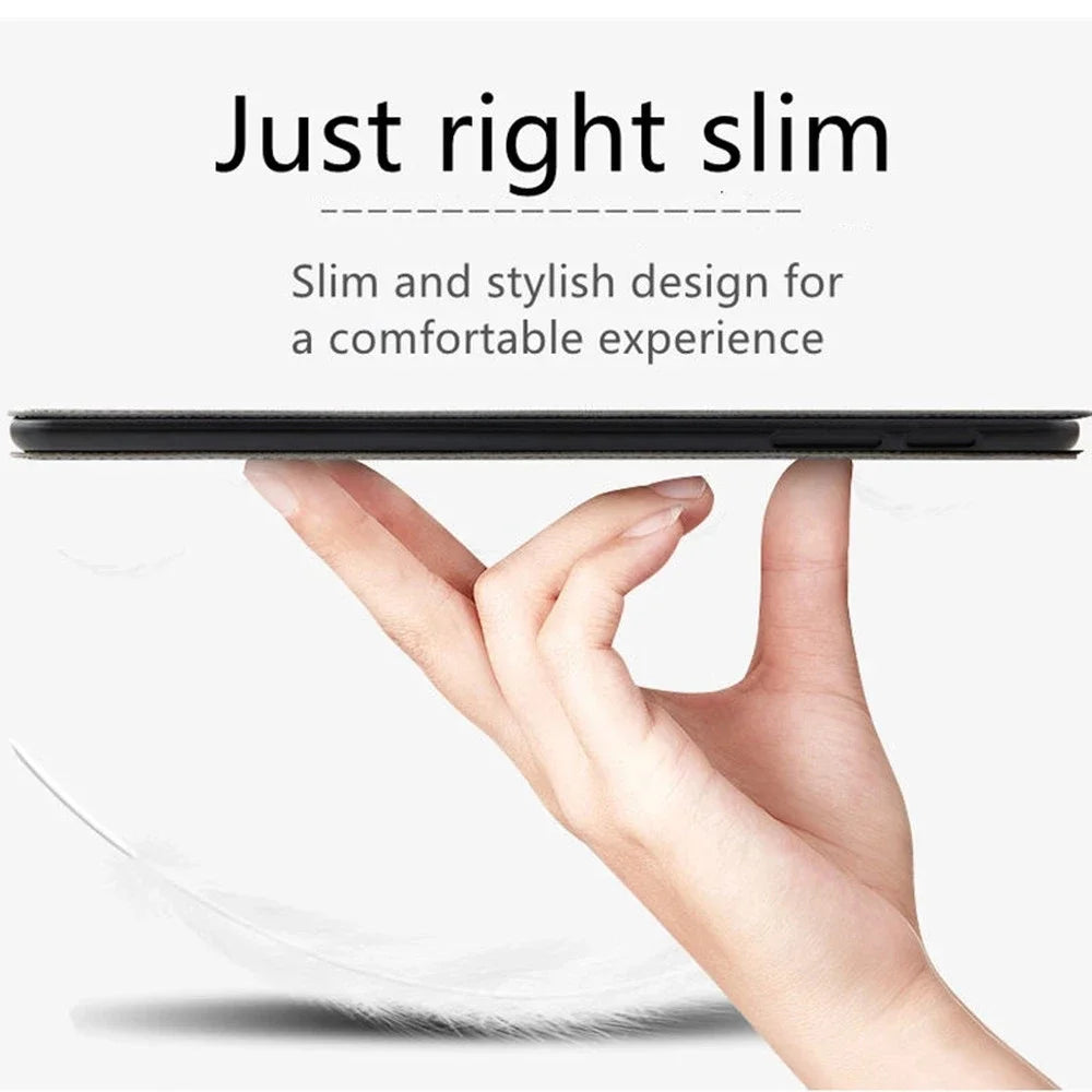 A hand holds a slim black case designed for a Kindle Paperwhite device.