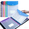 A pack of six colorful A4 plastic expanding file envelopes with snap buttons displayed next to an open file.