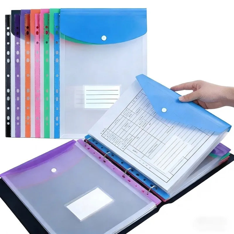 A pack of six colorful A4 plastic expanding file envelopes with snap buttons displayed next to an open file.