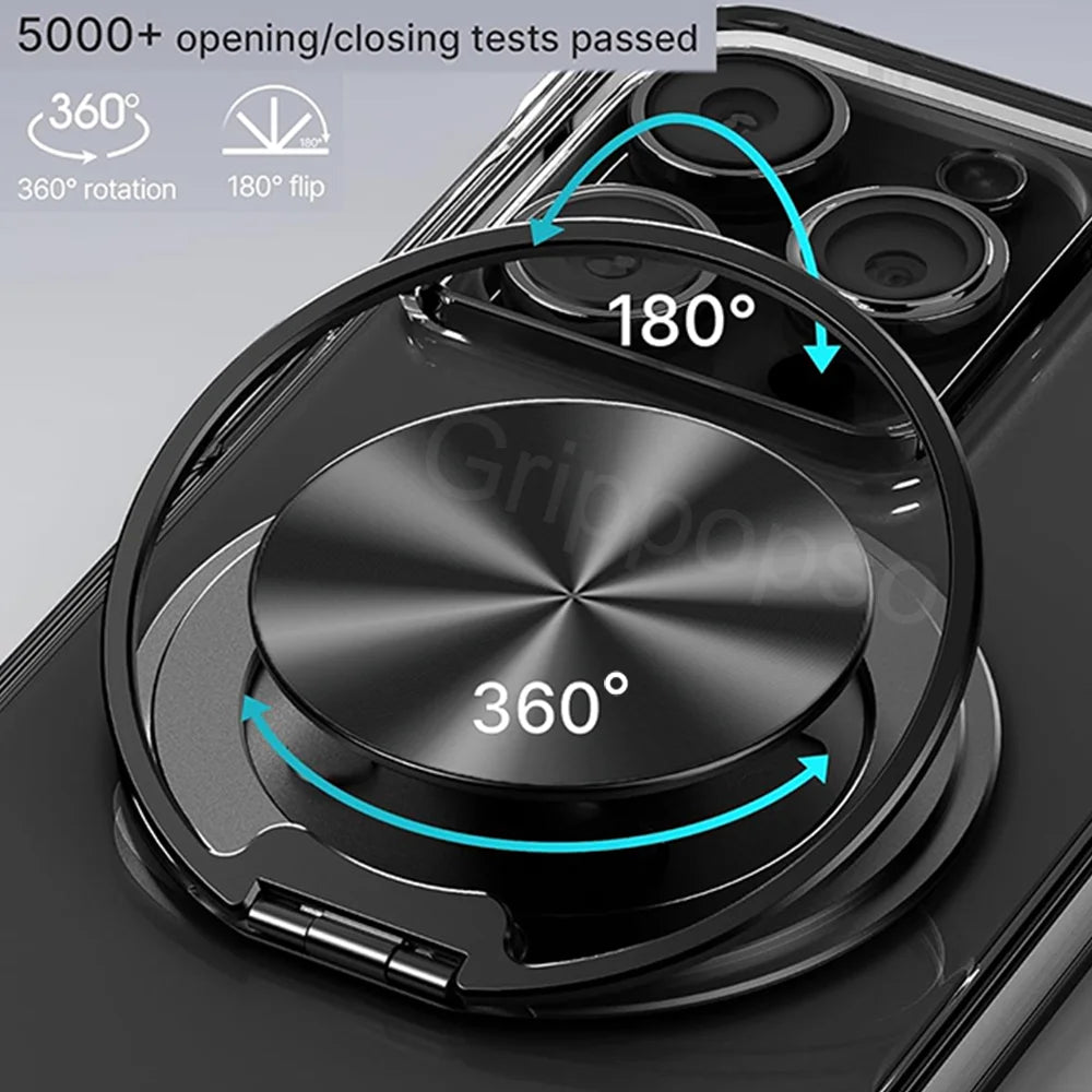 A close-up view of a magnetic phone ring holder and stand with 360 degree rotation and 180 degree flip features.