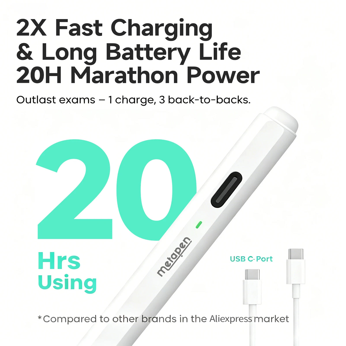 A white Metapen stylus is shown with text describing 2X fast charging and long battery life for marathon power.