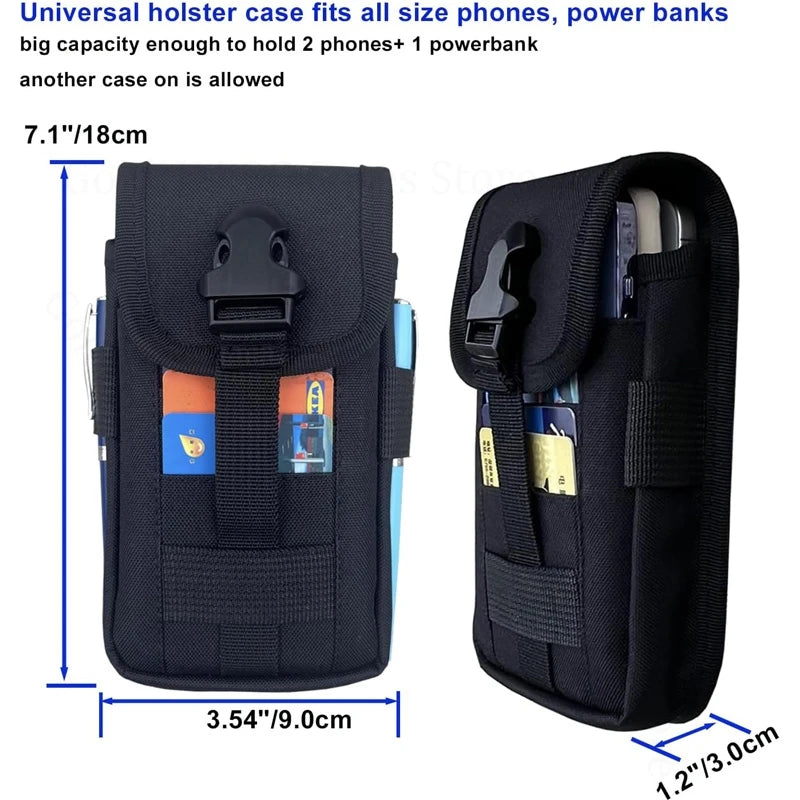Black multilayer card slot phone pouch designed to hold two phones and one power bank