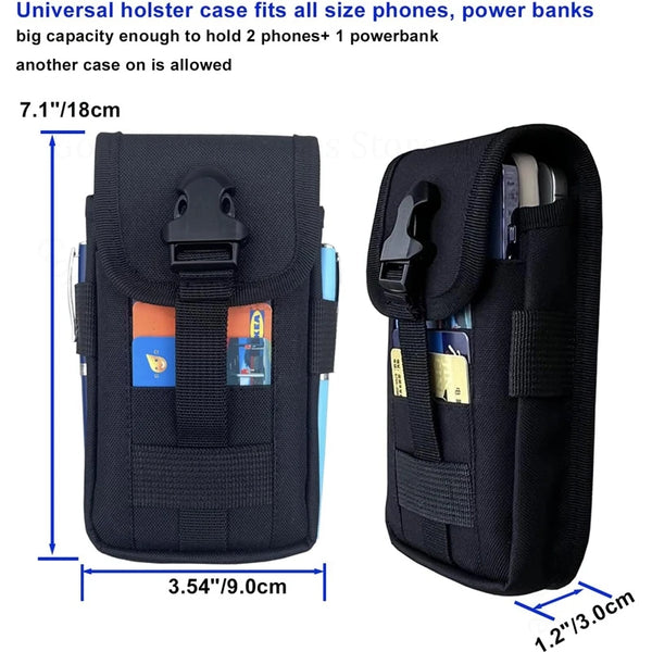 Black multilayer card slot phone pouch designed to hold two phones and one power bank