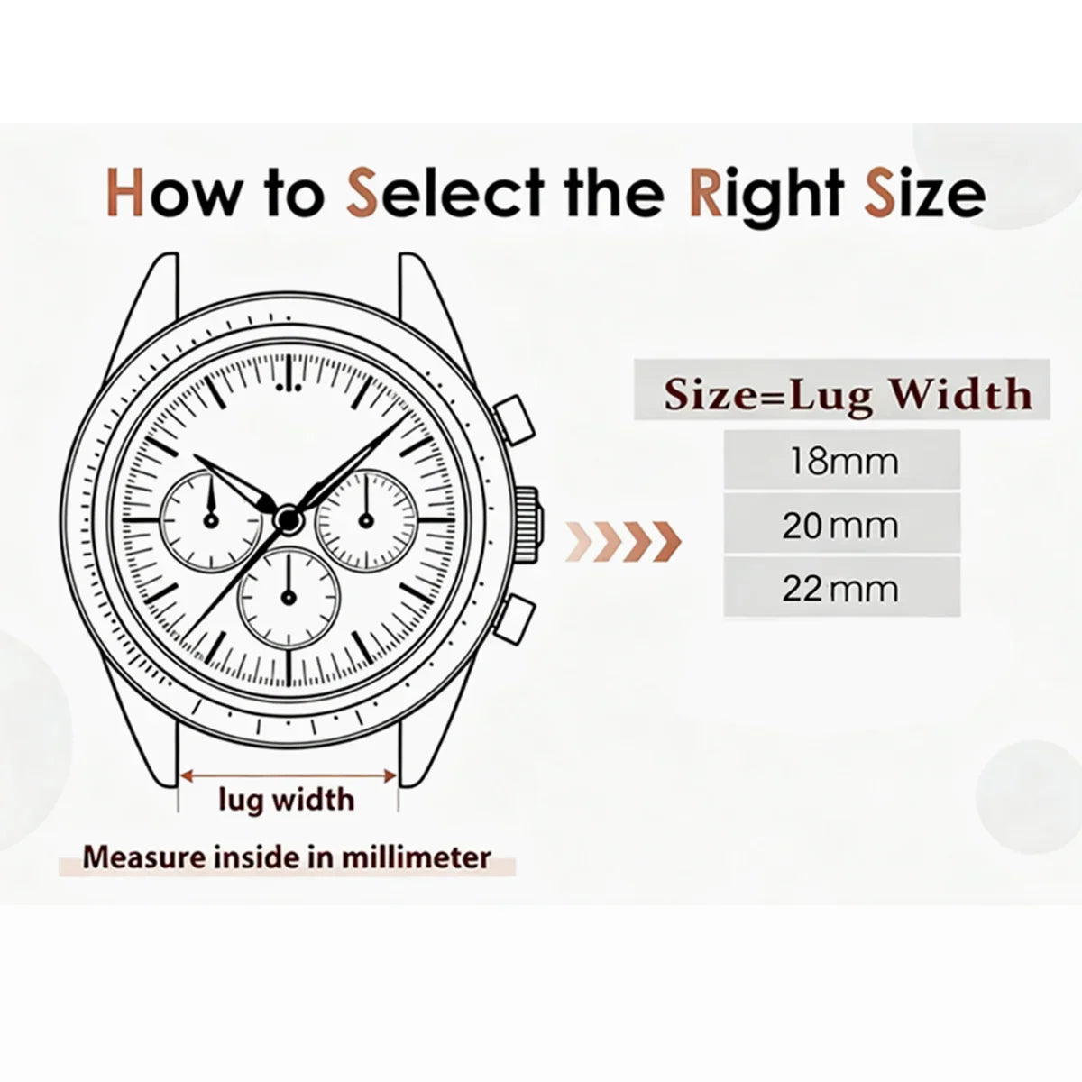 Diagram showing how to select the right size for a watch lug based on lug width measurements in millimeters.