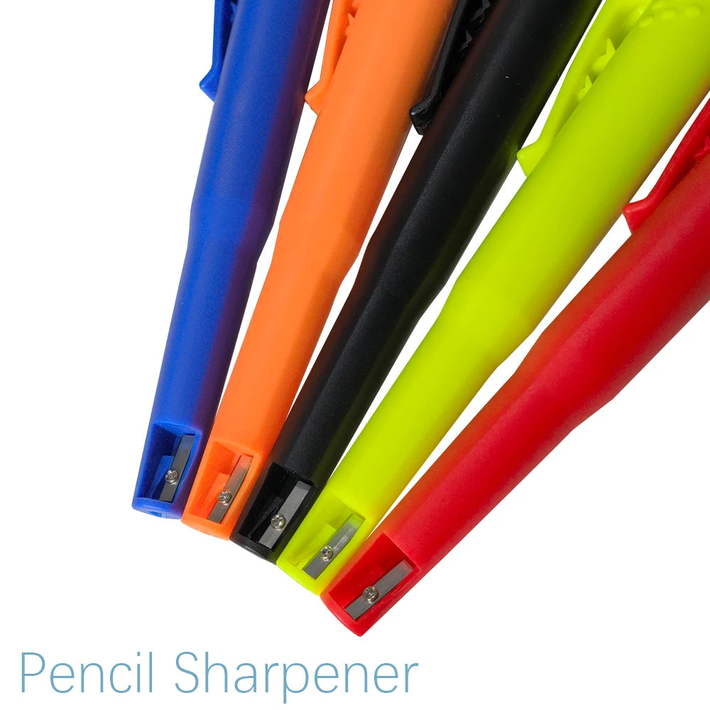 A close-up view of several colored pencil sharpeners, including blue, orange, black, lime green, and red.