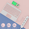 Estuche de teclado Bluetooth blanco desmontable para iPad con símbolo de rayo verde y cable de carga.