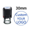 A black self-inking stamp with a clear plate, showing a 30mm size specification.