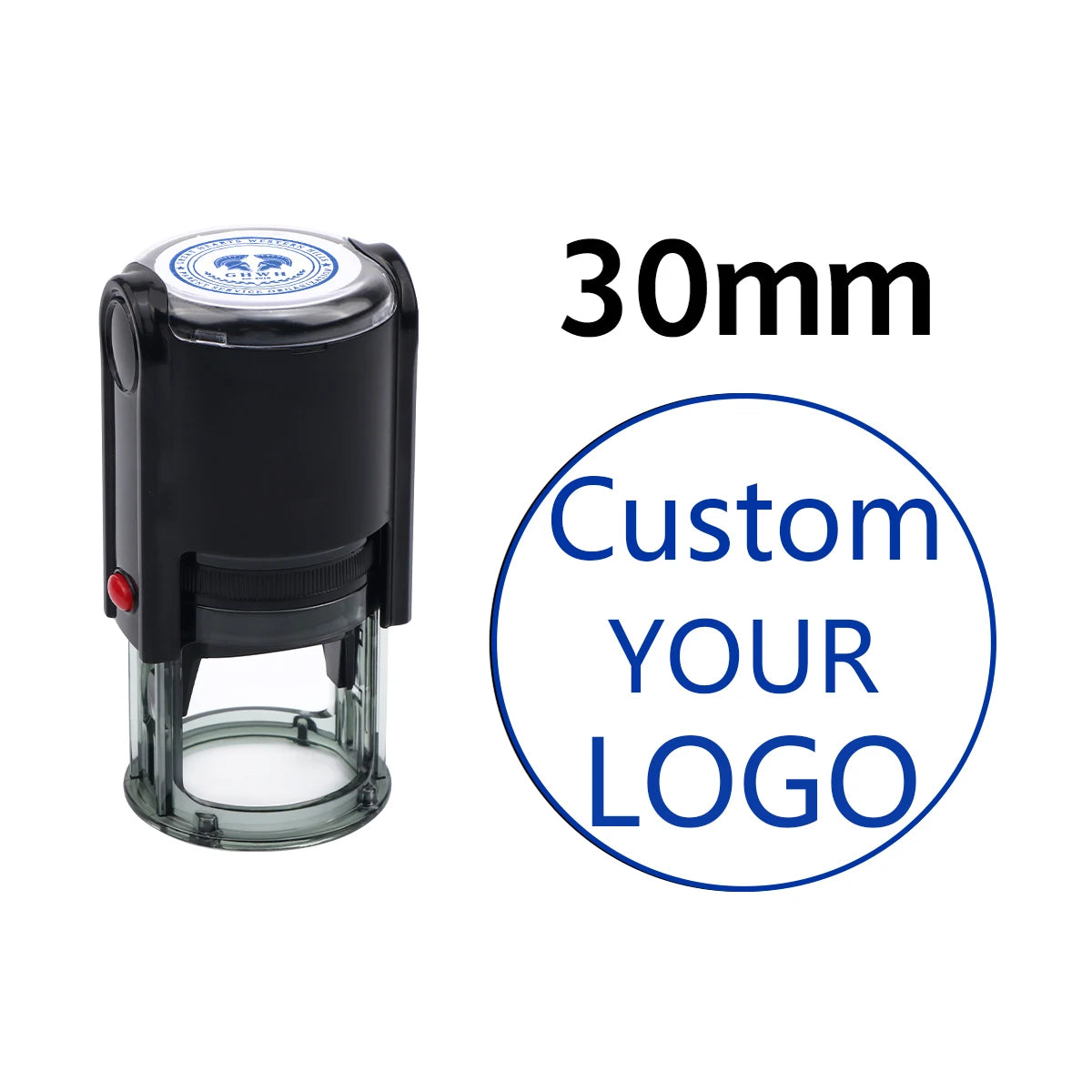 A black self-inking stamp with a clear plate, showing a 30mm size specification.