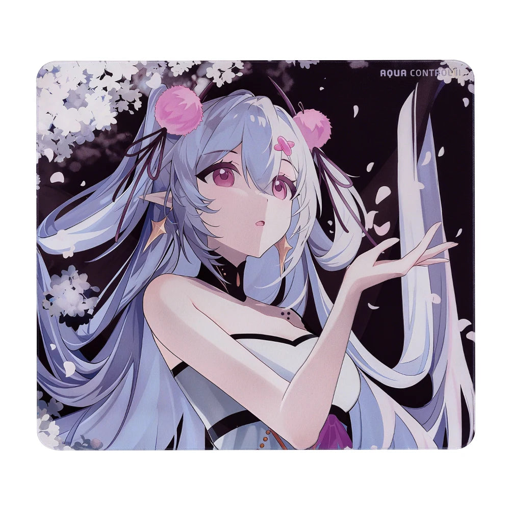 A digital illustration of an anime-style girl with long light blue hair and pink hair accessories against a dark background.
