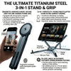 A titanium steel 3-in-1 stand and grip for phones and tablets shown with a smartphone.