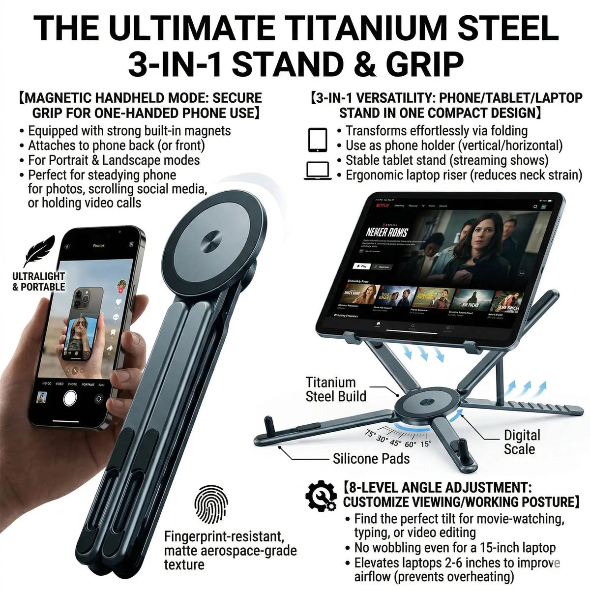 A titanium steel 3-in-1 stand and grip for phones and tablets shown with a smartphone.
