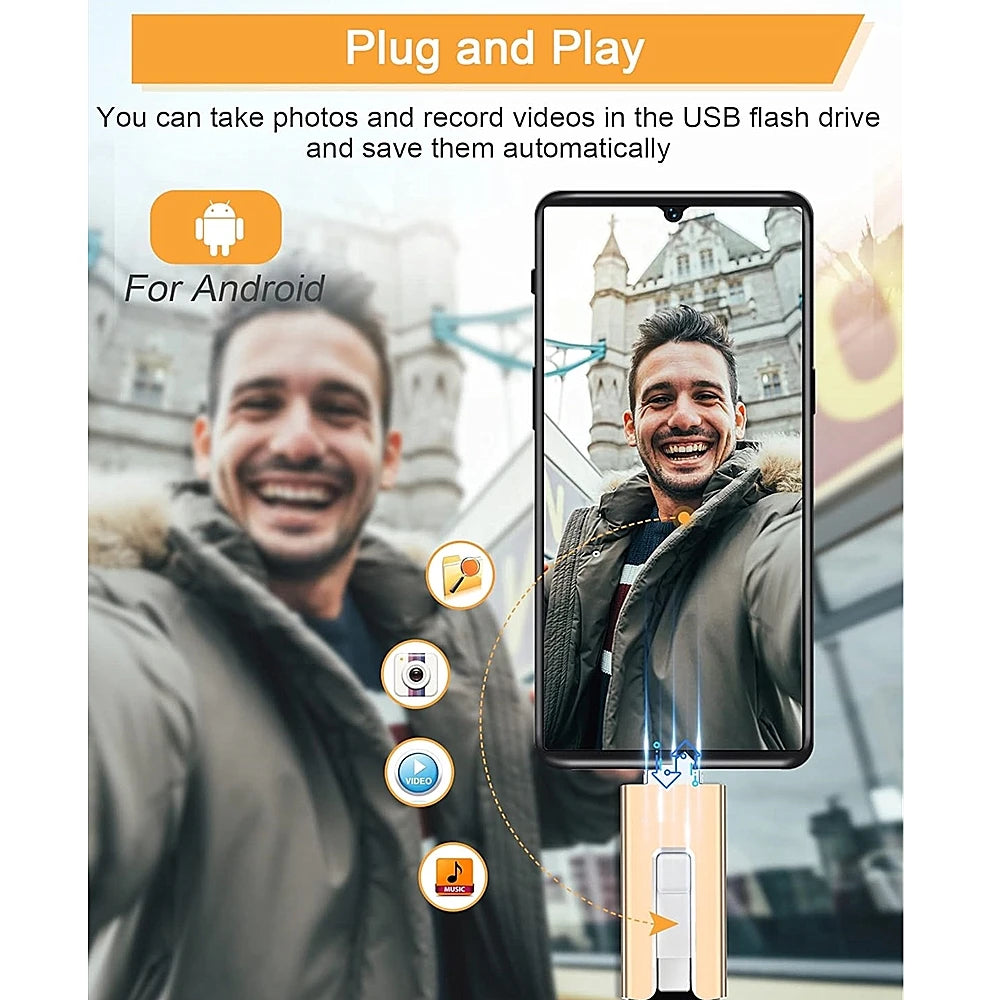 Un hombre usa una memoria USB plug and play para grabar videos y fotos en un teléfono Android.