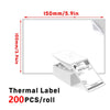 A sheet of white thermal shipping labels measuring 150mm by 100mm, with a roll of labels shown next to it.