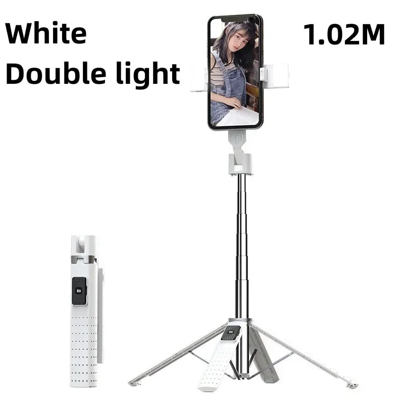 A white double light Bluetooth selfie stick tripod for phone photography.