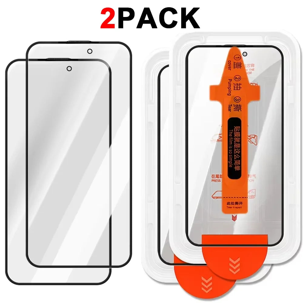 A pack of three tempered glass screen protectors for iPhone models, including a clear cover and an orange TPU film.