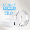 A white 40W fast charging USB-C power adapter and cable coiled together.