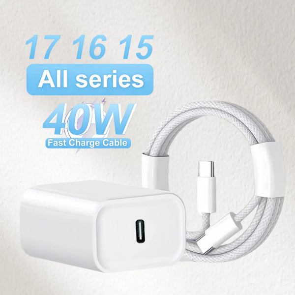 محول وشاحن USB-C سريع بقوة 40 واط مع كابل ملفوف