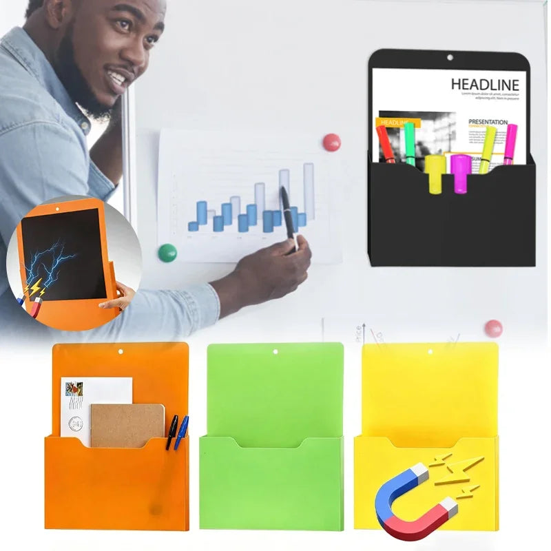 A wall mount magnetic document file holder in orange, green, and yellow colors displaying various presentation materials.