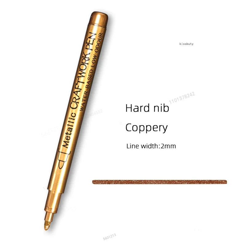 A close-up view of a metallic brush pen with a hard nib, made of copper, used for art and craft projects.