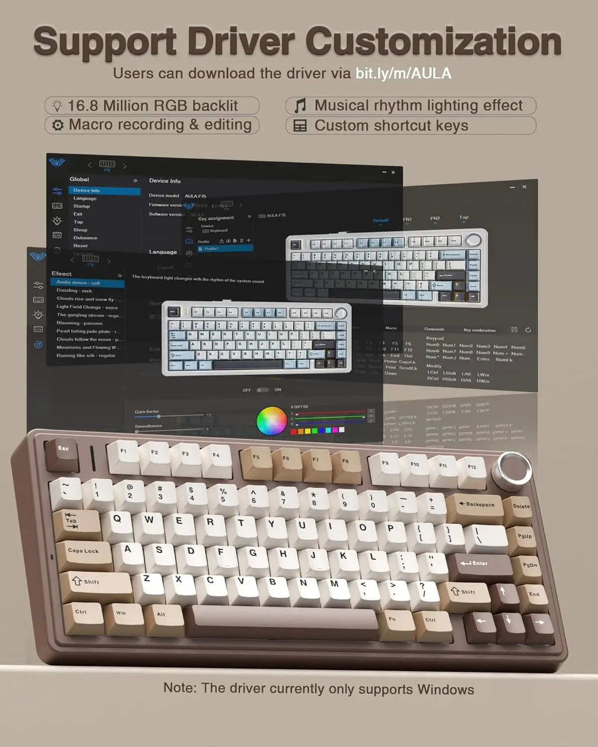 A close-up view of the AULA F75 mechanical keyboard with custom keycaps and a light brown casing.