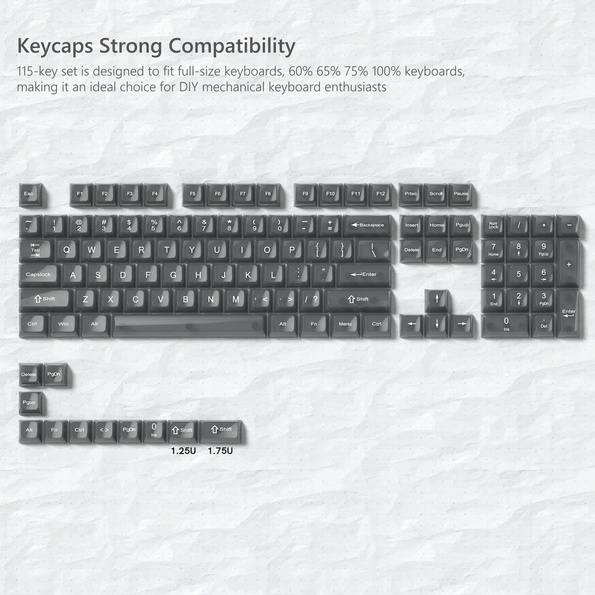 A set of 115 keycaps for mechanical keyboards, showing various layouts and sizes.