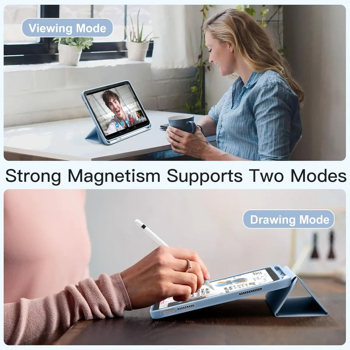 A hand holds a stylus on an iPad in drawing mode, demonstrating the product's dual modes.