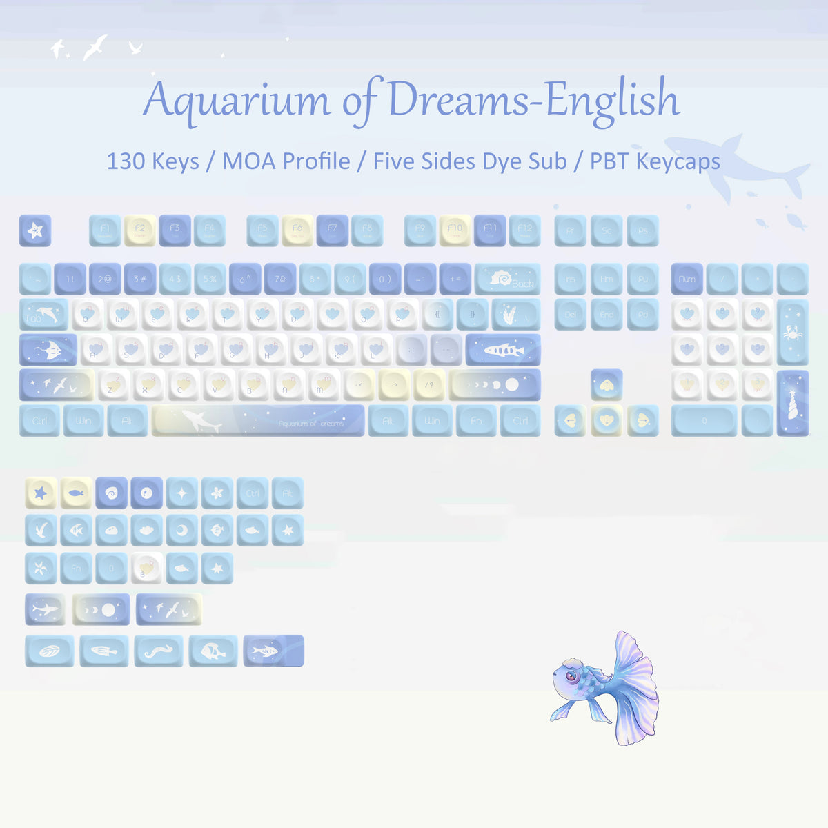 A collection of blue sea themed PBT keycaps for a mechanical keyboard, featuring various marine life and water motifs.
