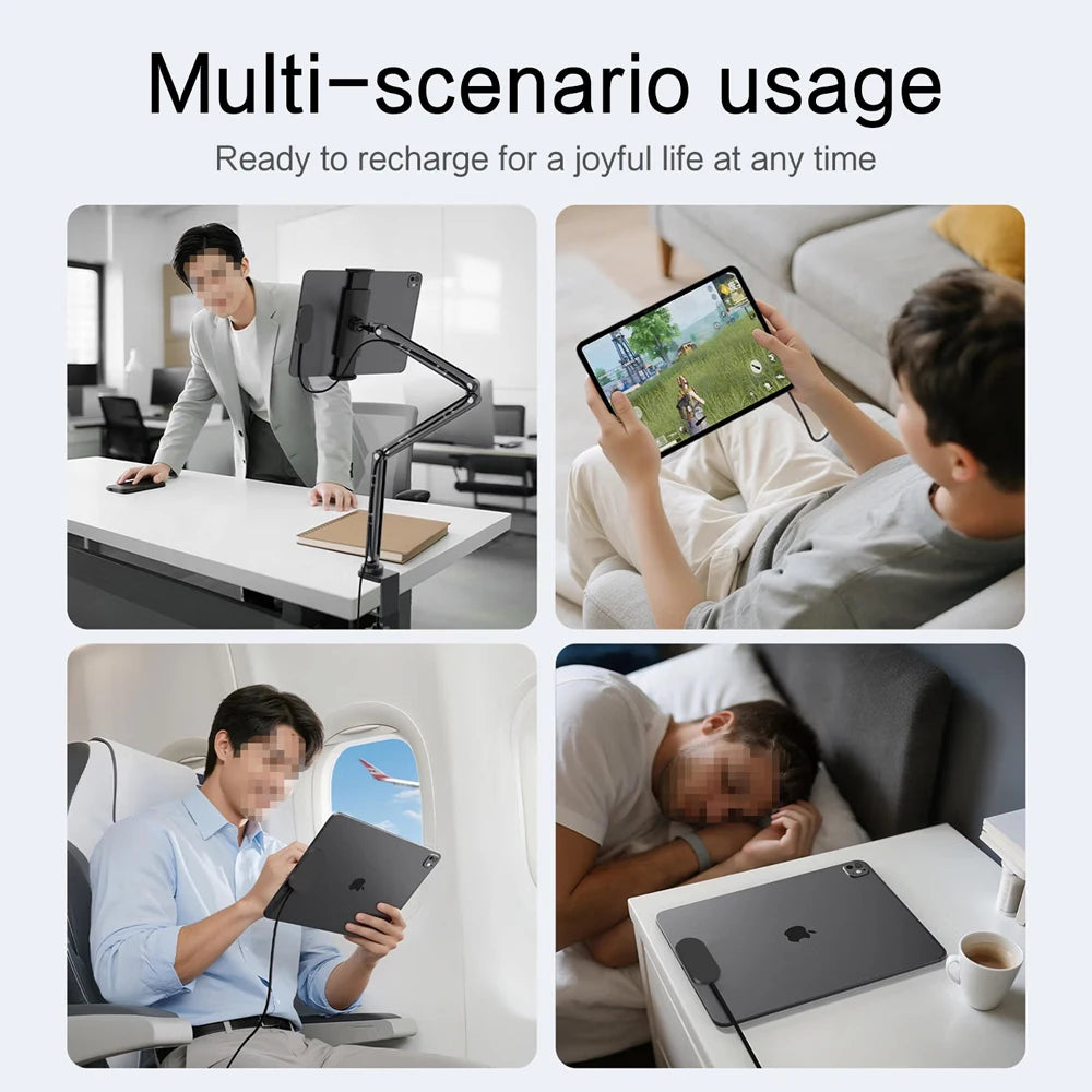 Una pantalla de uso multescenario mostrando a una persona usando una tableta en diferentes contextos como trabajo, ocio y rel