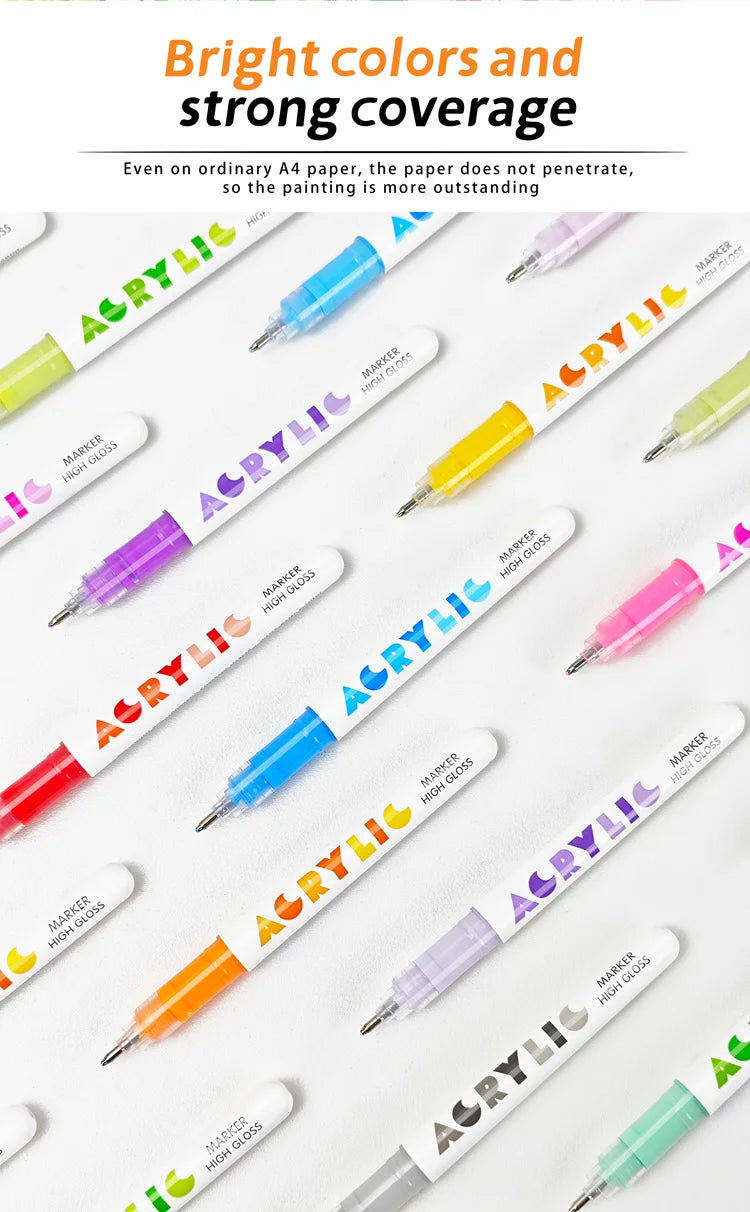 A set of bright colored high-gloss acrylic marker pens shown against a white background.