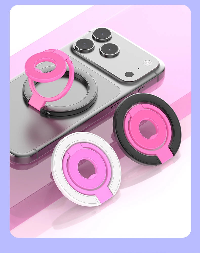 A pink and silver MagSafe double-sided phone ring holder stand displayed on a light purple background.