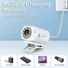 A white clip-on car fan with multiple charging methods including an adapter, power bank, laptop, and car charger.