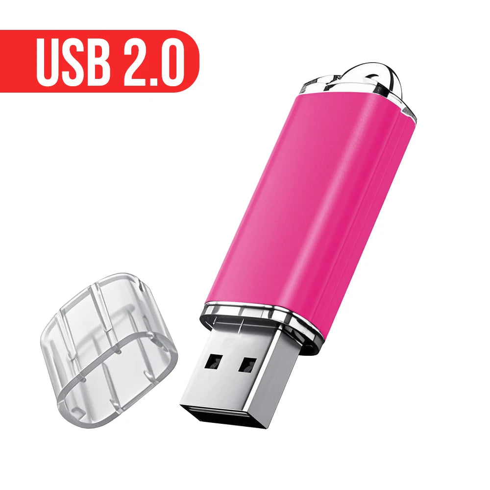 A pink metal USB 2.0 flash drive with a silver connector is shown next to its detached casing.