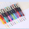 A pack of ten colorful gel pens in various shades and tips laid out on a white background.