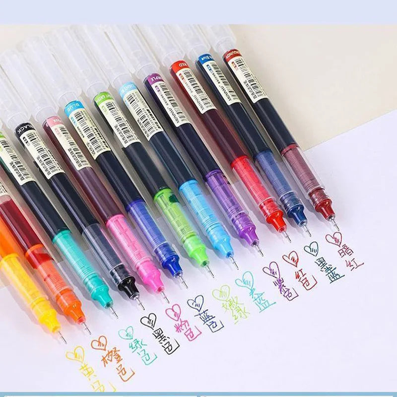 A pack of ten colorful gel pens in various shades and tips laid out on a white background.