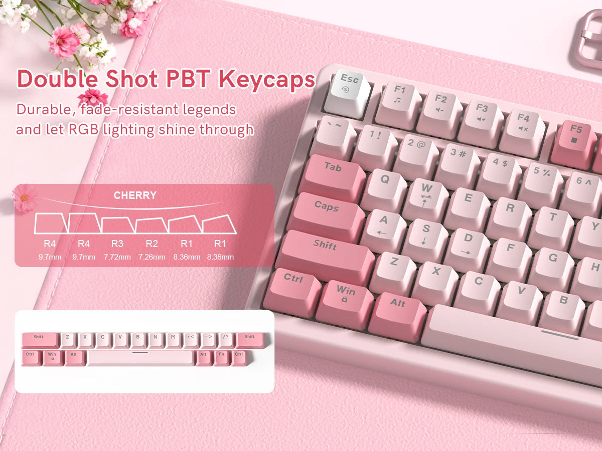 A close-up of a pink mechanical keyboard featuring double shot PBT keycaps and RGB lighting.