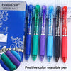 A set of six colorful erasable retractable gel pens in various shades including blue, green, purple, and red are displayed ne