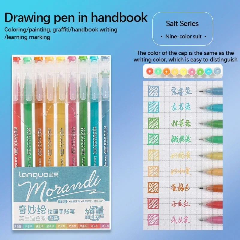 A set of Morandi gel pens in a notebook featuring various colors and writing tips.