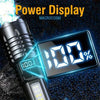 A tactical LED flashlight with a power display showing 100% battery life against a dark background.