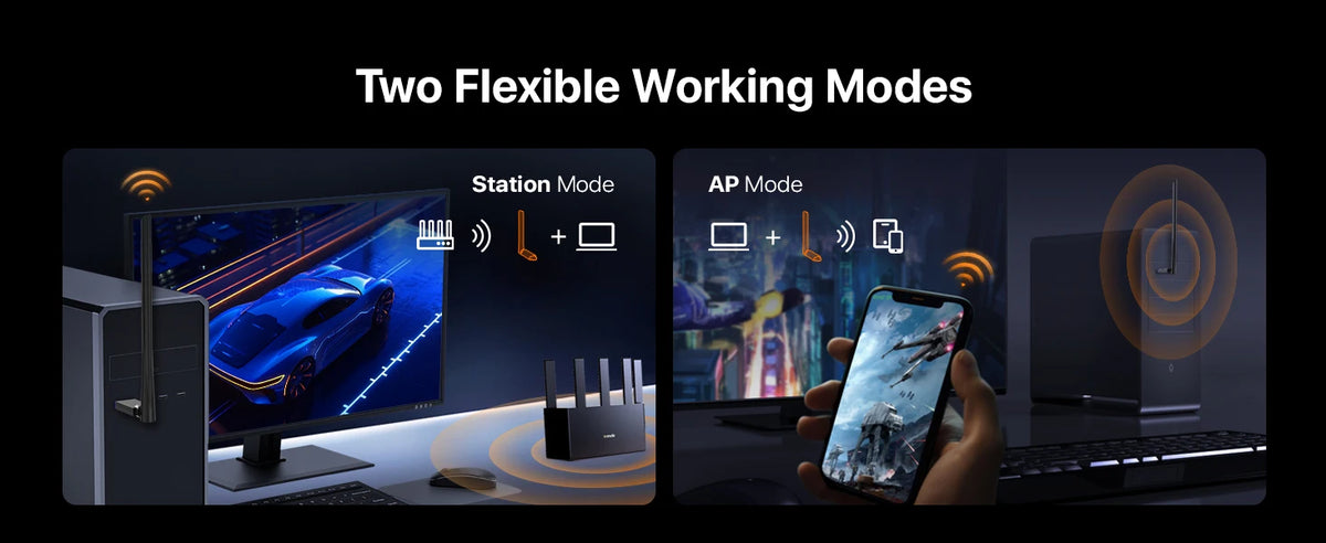 Two flexible working modes shown: Station Mode with a monitor and AP Mode with a smartphone.