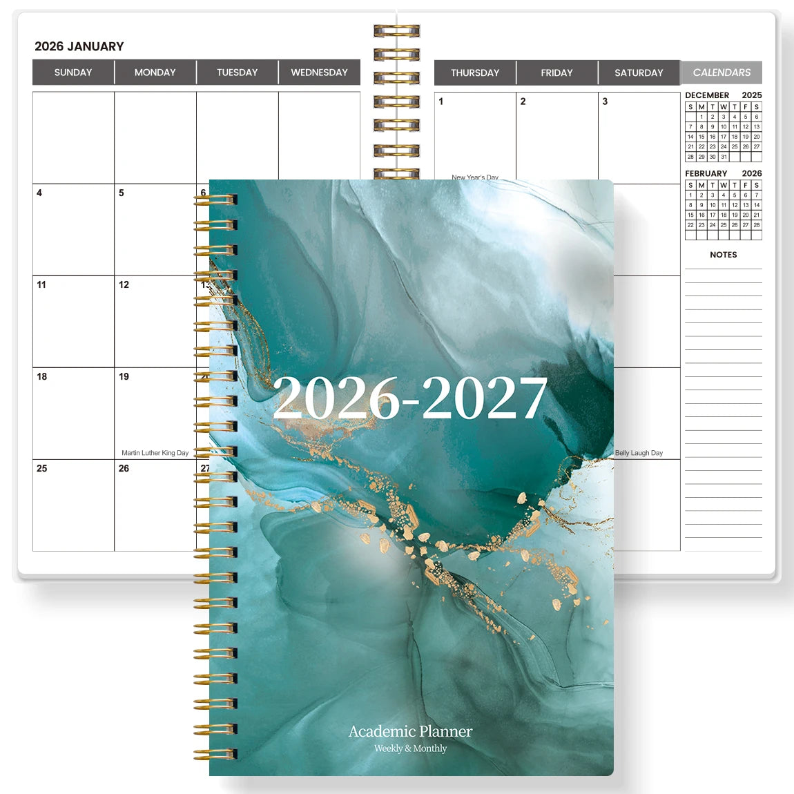 A planner showing a monthly calendar layout and a cover featuring abstract teal and gold textures for 2026-2027