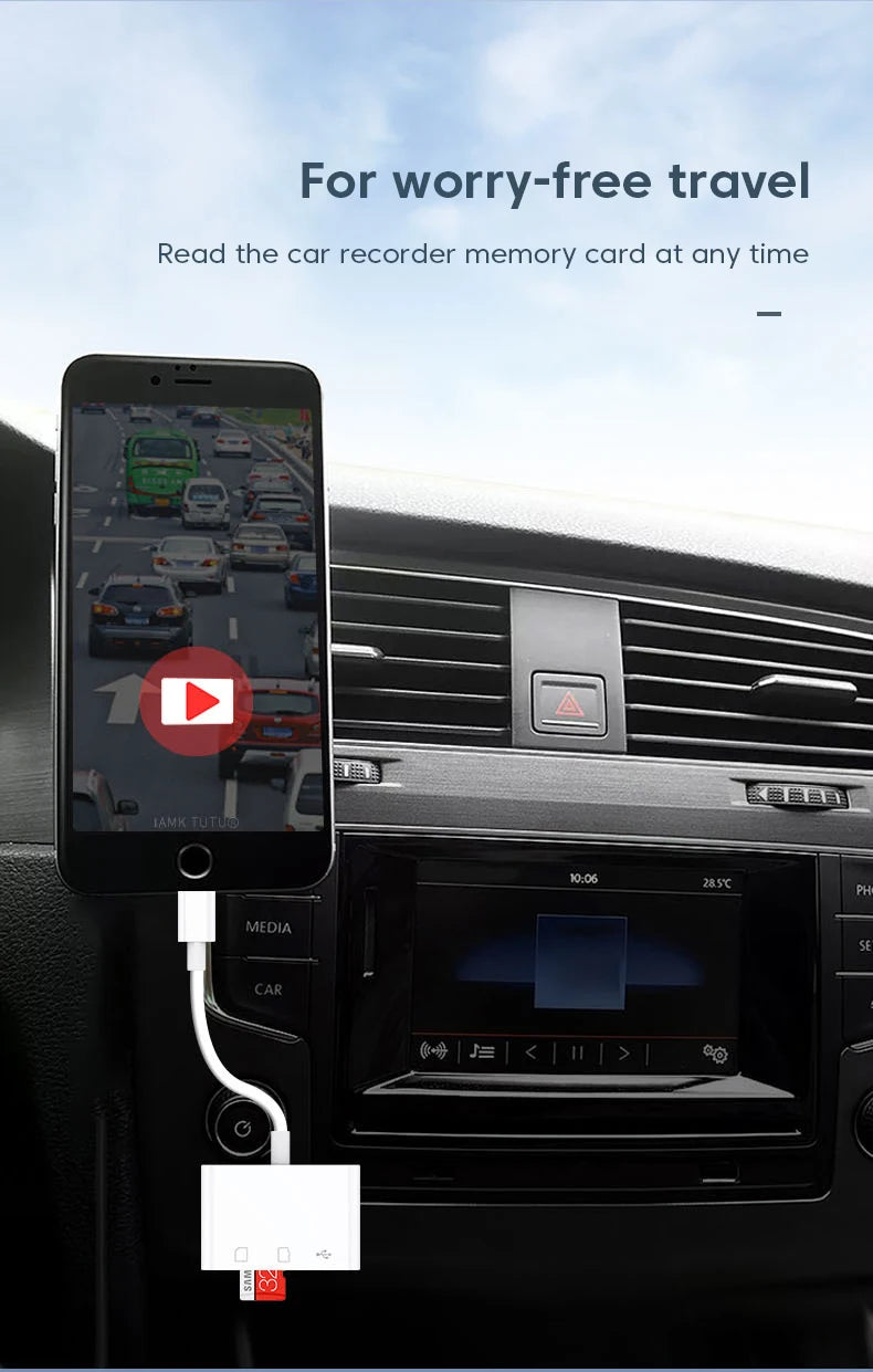 A smartphone is shown reading a car recorder memory card inside a vehicle's dashboard