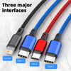 A set of four multi-interface charging cables in black, blue, red, and silver connectors for various devices.